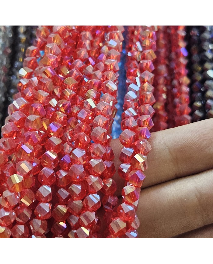 6mm İpe Dizili Döner Kristal Boncuk Şeffaf Janjanlı Kırmızı - 1 Dizi