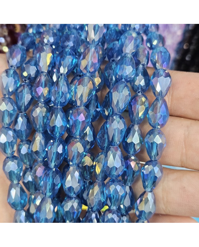 5 Adet İpe Dizili Damla Kristal Boncuk - Yoğun Mavi - 8mm