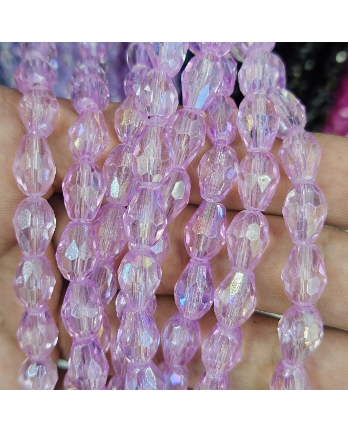 8mm İpe Dizili Damla Kristal Boncuk Şeffaf Parlak Pembe - 1 Dizi