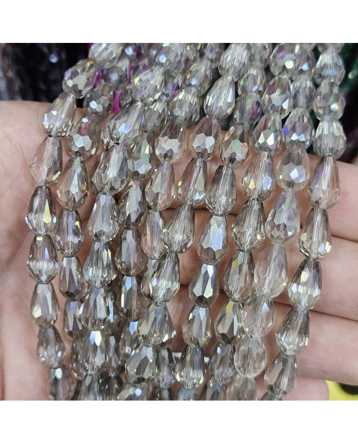 8mm İpe Dizili Damla Kristal Boncuk Şeffaf Dumanlı Gri - 1 Dizi