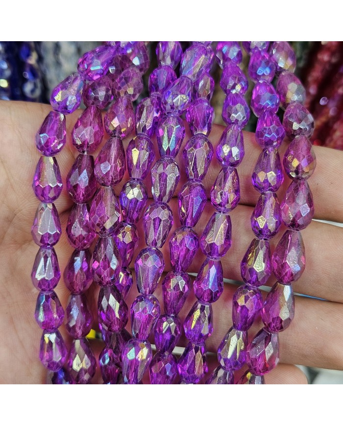 5 Adet İpe Dizili Damla Kristal Boncuk - Janjanlı Mor - 8mm
