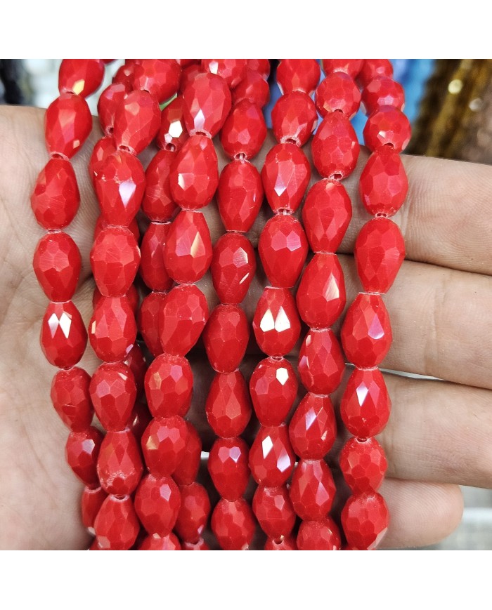 5 Adet İpe Dizili Damla Kristal Boncuk - Canlı Kırmızı - 8mm