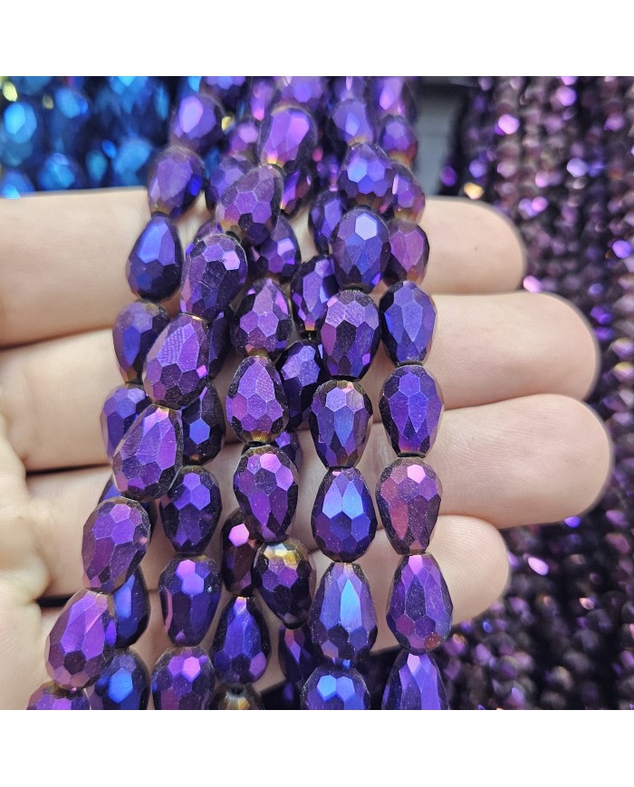 5 Adet İpe Dizili Damla Kristal Boncuk - Metalik Mor - 8mm