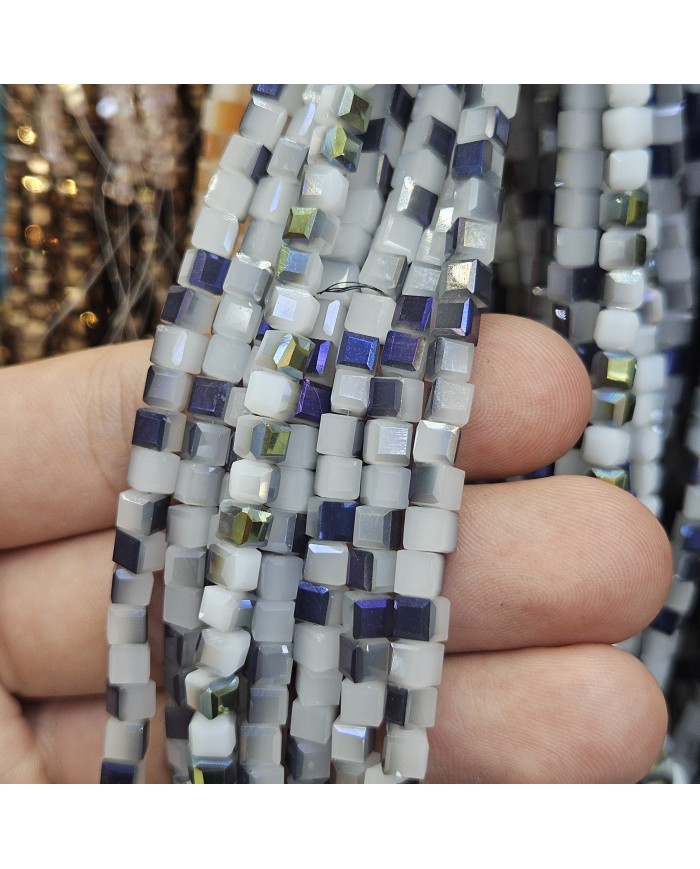 5 Adet İpe Dizili Küp Kristal Boncuk - Beyaz, Mor ve Yeşil - 5mm