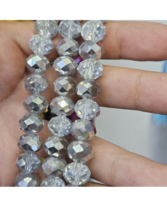 12mm İpe Dizili Kristal Boncuk Metalik Kaplama Aynalı Gri - 1 Dizi