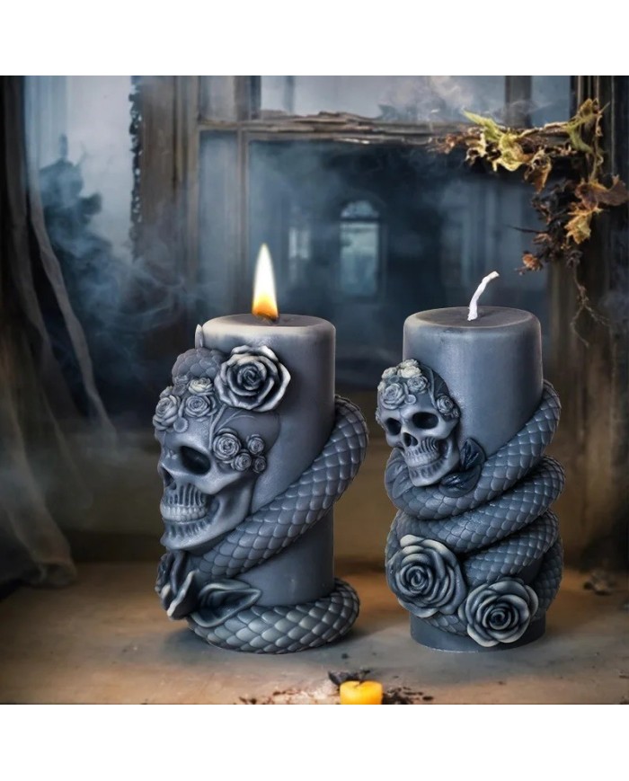 Kafatası ve Yılan Desenli Epoksi Mum ve Beton Kalıbı - Kod: