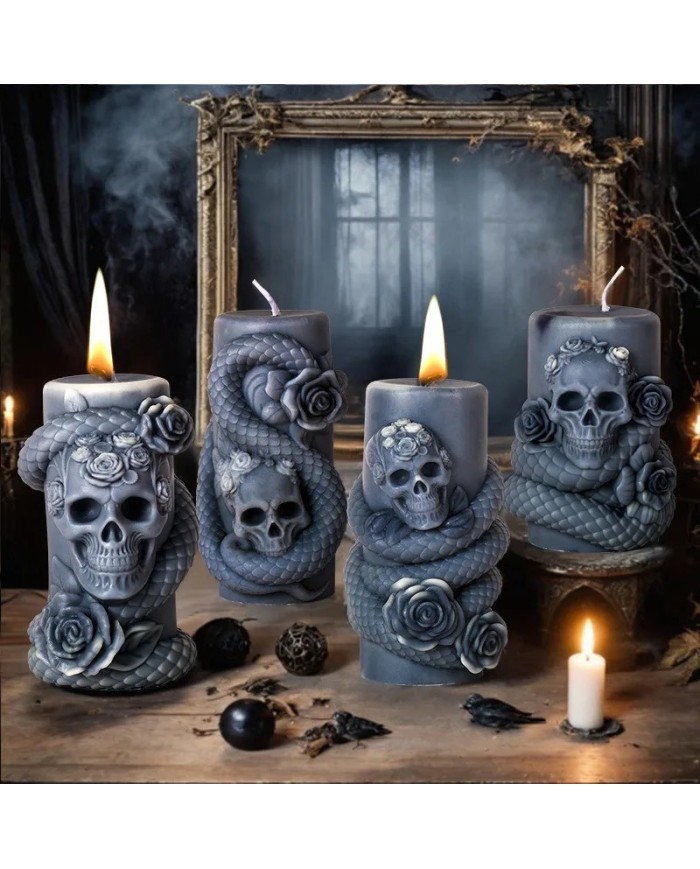 Kafatası ve Yılan Desenli Epoksi Mum ve Beton Kalıbı - Kod: