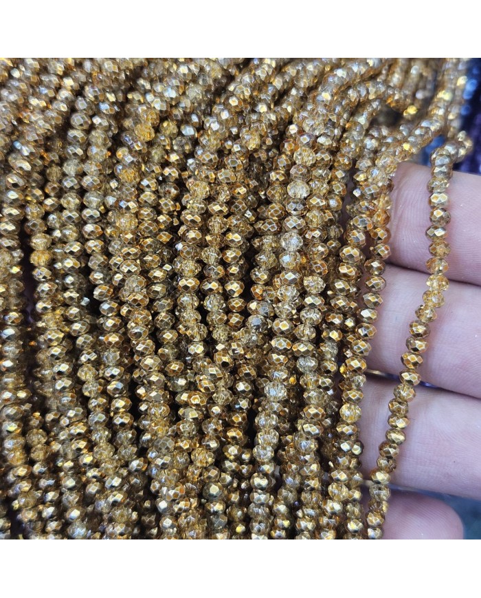 3mm İpe Dizili Kristal Boncuk Metalik Kaplama Aynalı Altın- 10 Dizi
