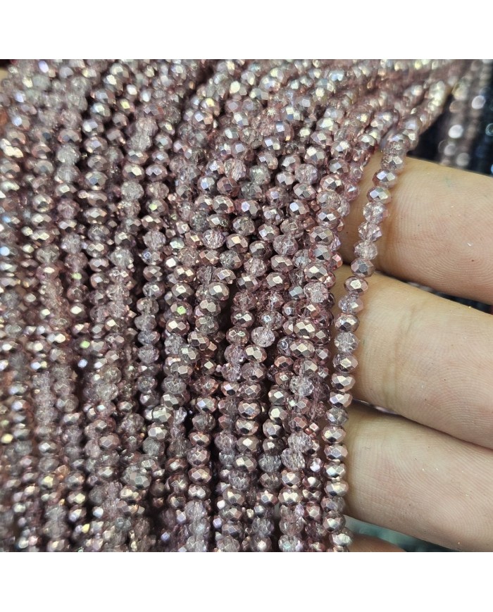 3mm İpe Dizili Kristal Boncuk Metalik Kaplama Aynalı Pembe - 10 Dizi