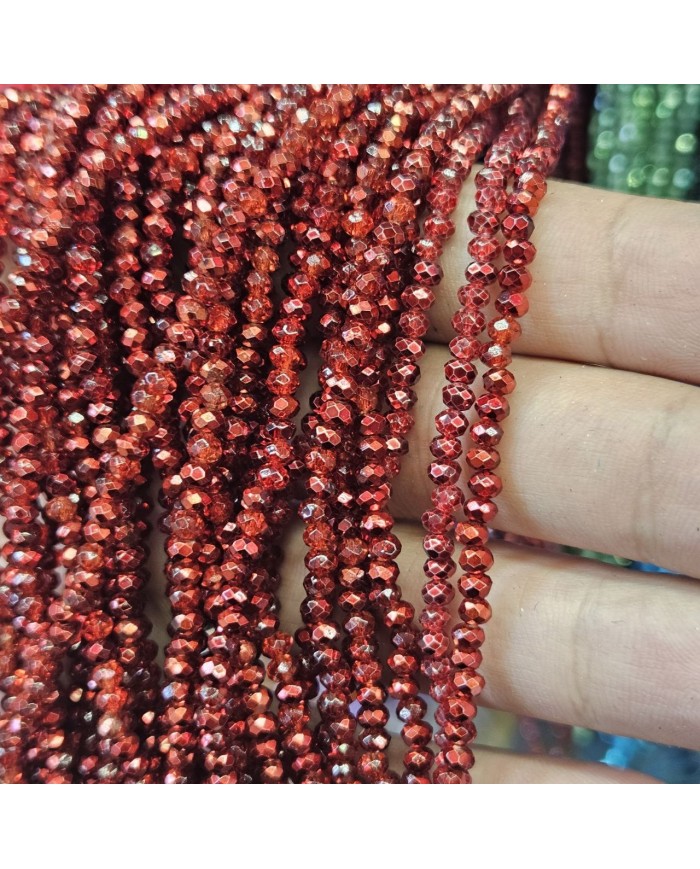 3mm İpe Dizili Kristal Boncuk Metalik Kaplama Kırmızı - 10 Dizi