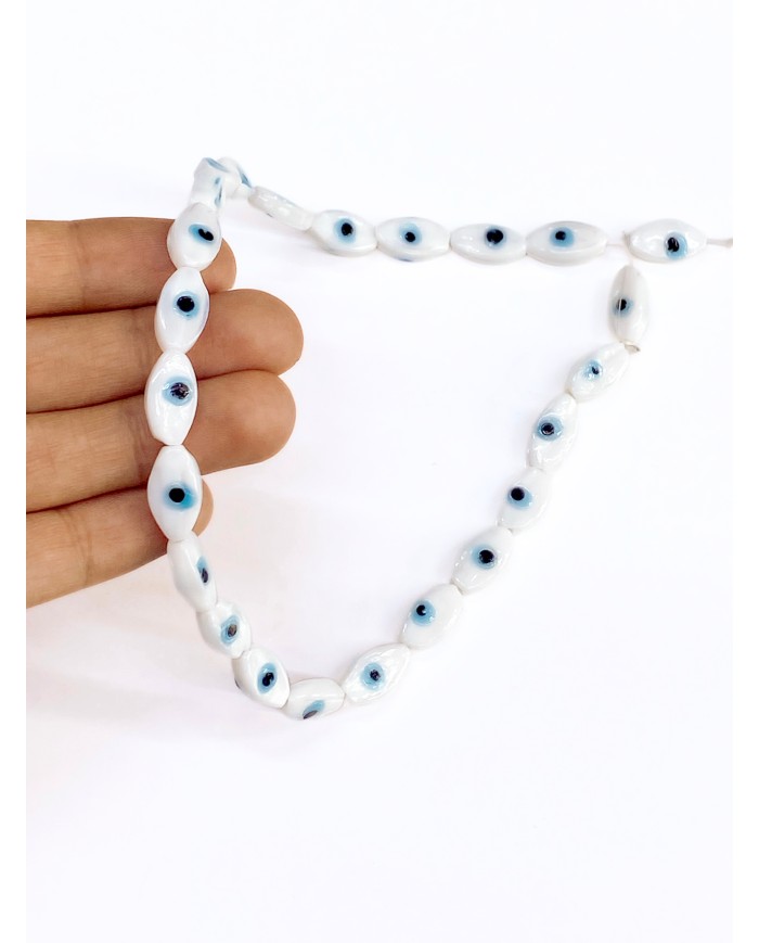 İpe Dizili Seramik Boncuk Beyaz Badem Göz 14m