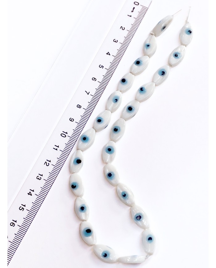 İpe Dizili Seramik Boncuk Beyaz Badem Göz 14m