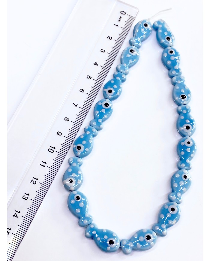 İpe Dizili Seramik Boncuk Mavi Benekli Balık 18mm - 1 Dizi