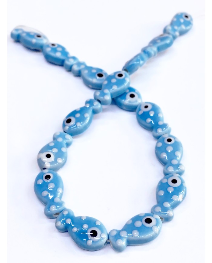 İpe Dizili Seramik Boncuk Mavi Benekli Balık 18mm - 1 Dizi