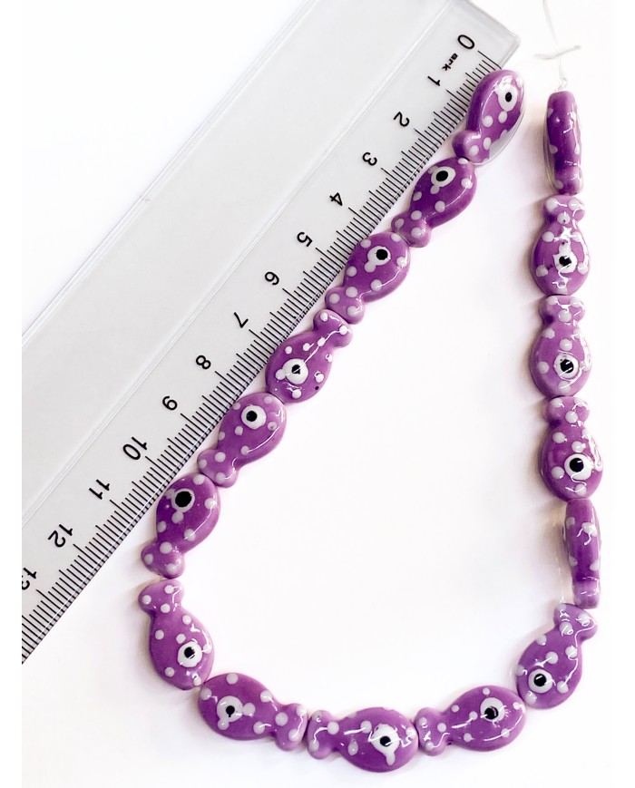 İpe Dizili Seramik Boncuk Mor Benekli Balık 18m