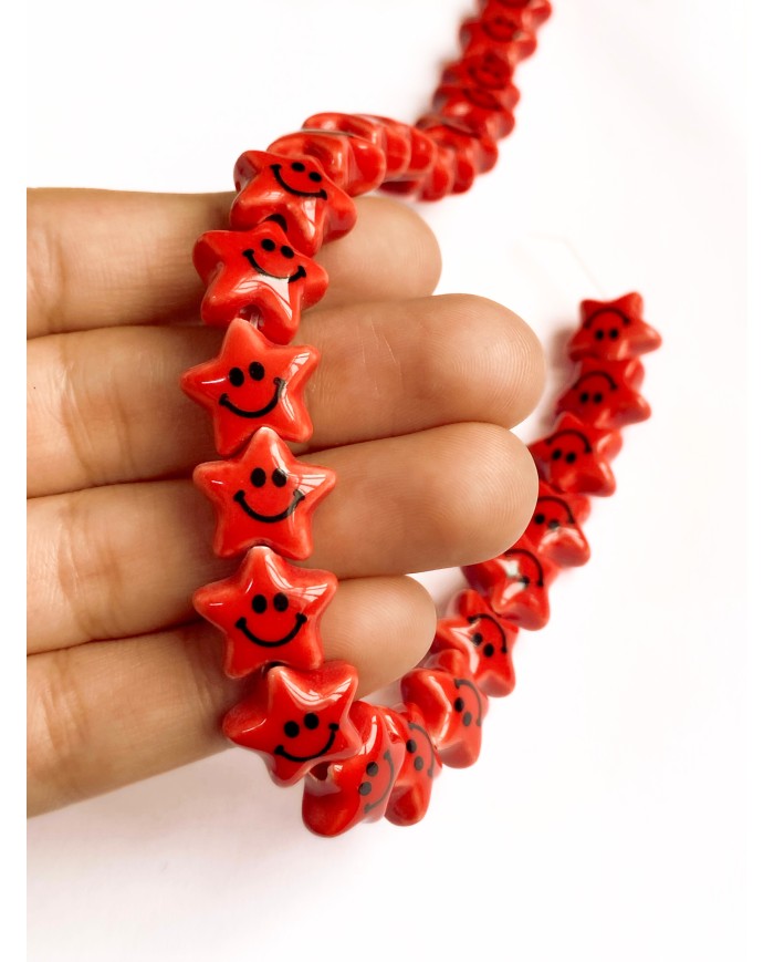 İpe Dizili Seramik Boncuk Kırmızı Güleryüzlü Yıldız 12m