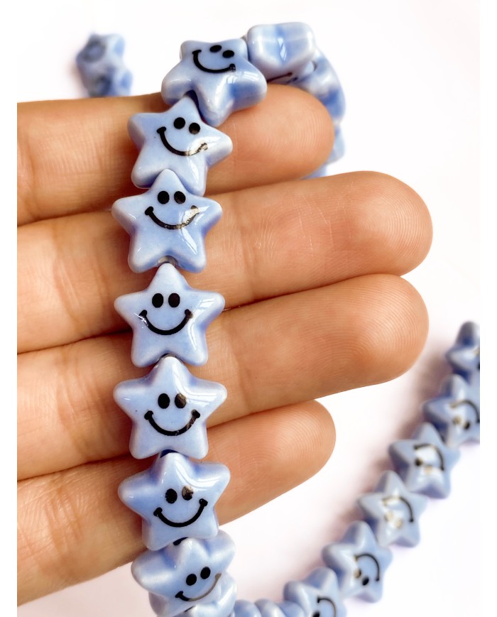 İpe Dizili Seramik Boncuk Mavi Güleryüzlü Yıldız 12m