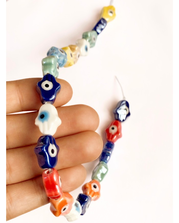 İpe Dizili Seramik Boncuk Renkli Hamsa El 15mm