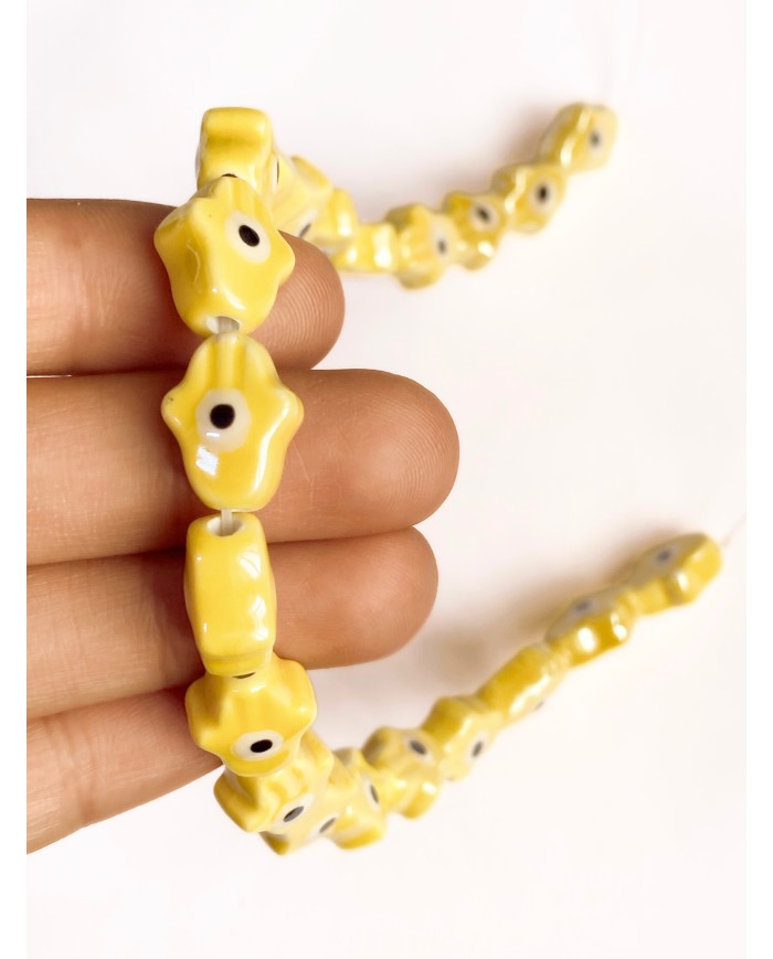 İpe Dizili Seramik Boncuk Sarı Hamsa El 15mm