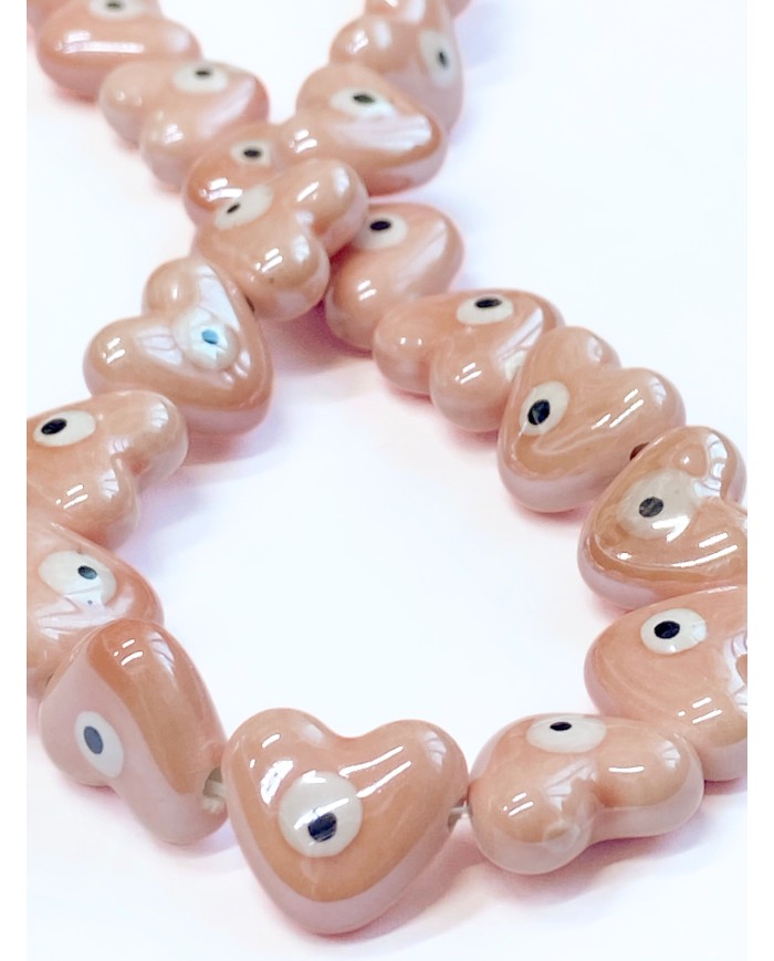 İpe Dizili Seramik Boncuk Pembe Nazar Boncuklu Kalp 13m