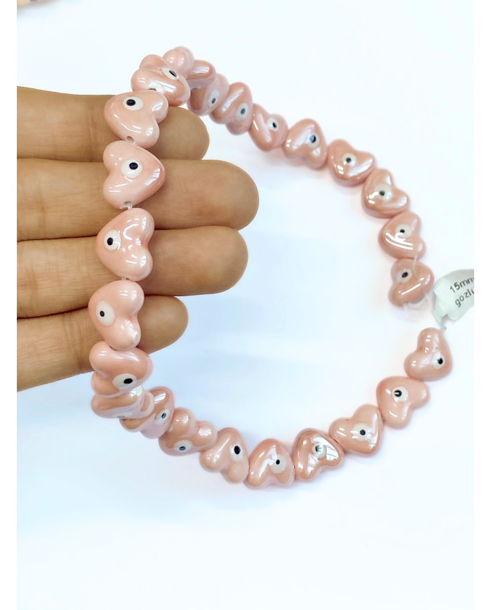 İpe Dizili Seramik Boncuk Pembe Nazar Boncuklu Kalp 13m