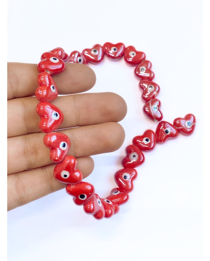 İpe Dizili Seramik Boncuk Kırmızı Nazar Boncuklu Kalp 13m