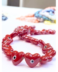 İpe Dizili Seramik Boncuk Kırmızı Nazar Boncuklu Kalp 13m
