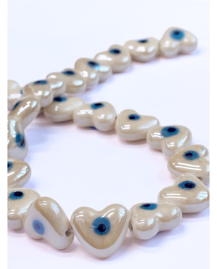 İpe Dizili Seramik Boncuk Beyaz Nazar Boncuklu Kalp 13mm