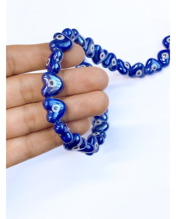 İpe Dizili Seramik Boncuk Lacivert Nazar Boncuklu Kalp 13mm