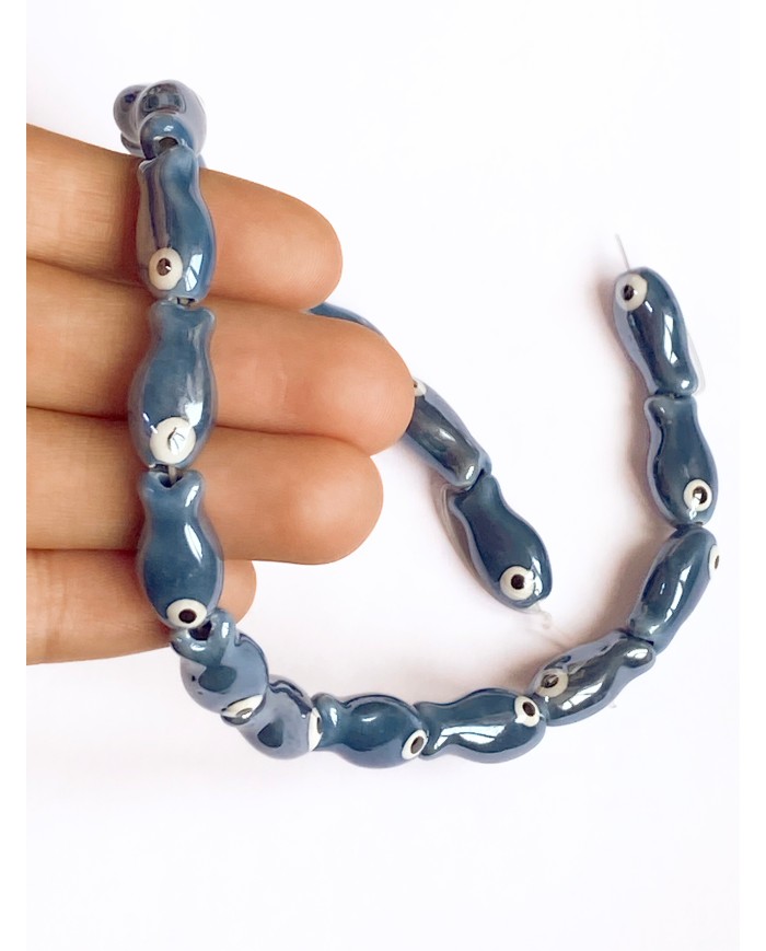 İpe Dizili Seramik Boncuk Mavi Balık 19mm