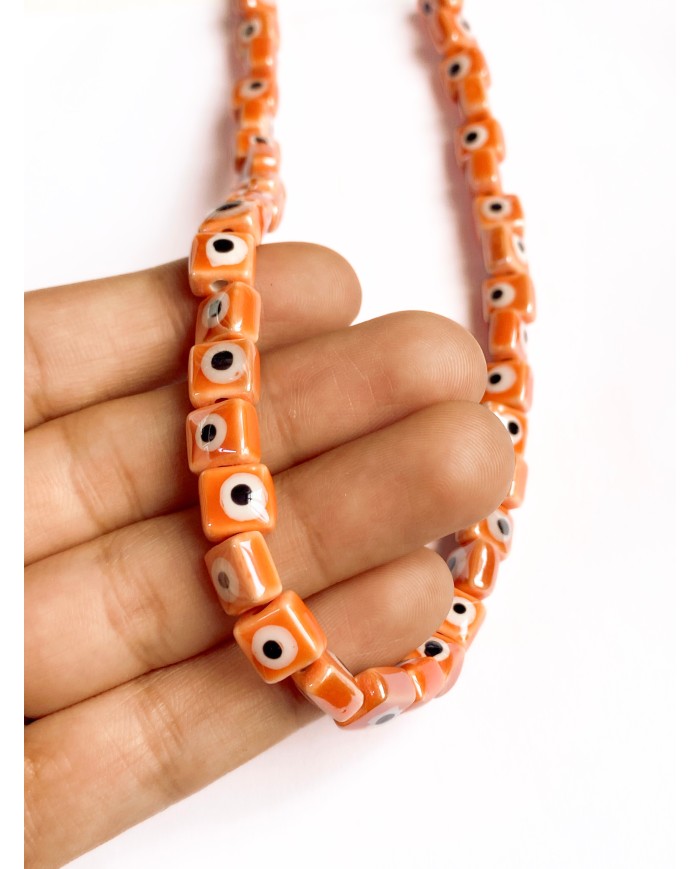 İpe Dizili Seramik Boncuk Turuncu Nazar Boncuklu Küp 8mm