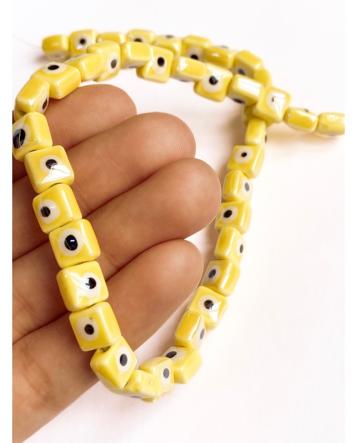 İpe Dizili Seramik Boncuk Sarı Nazar Boncuklu Küp 8mm