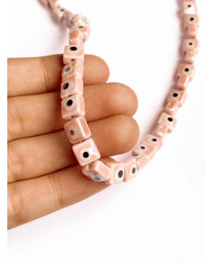 İpe Dizili Seramik Boncuk Pembe Nazar Boncuklu Küp 8mm