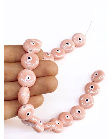İpe Dizili Seramik Boncuk Pembe Yuvarlak Yassı 15mm