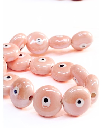 İpe Dizili Seramik Boncuk Pembe Yuvarlak Yassı 15mm