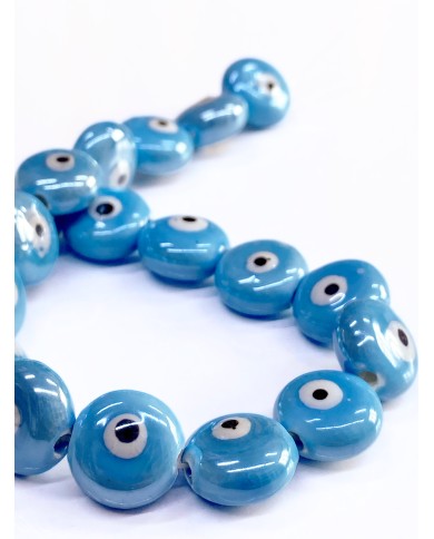 İpe Dizili Seramik Boncuk Mavi Yuvarlak Yassı 15mm