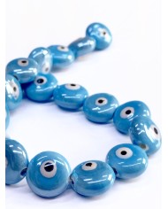 İpe Dizili Seramik Boncuk Mavi Yuvarlak Yassı 15mm