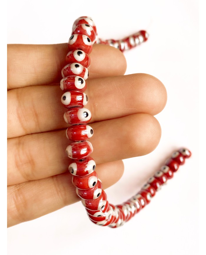 İpe Dizili Seramik Boncuk Kırmızı Nazar Boncuğu Oval 5mm