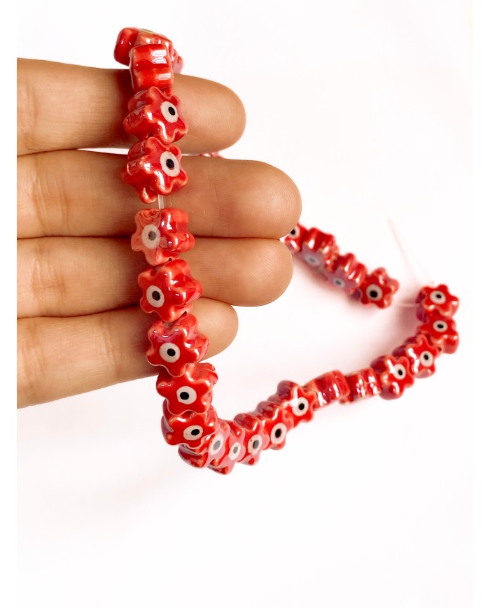 İpe Dizili Seramik Boncuk Kırmızı Nazar Boncuklu Çiçek Yıldız 10mm