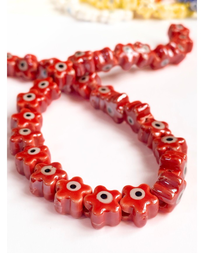 İpe Dizili Seramik Boncuk Kırmızı Nazar Boncuklu Çiçek Yıldız 10mm