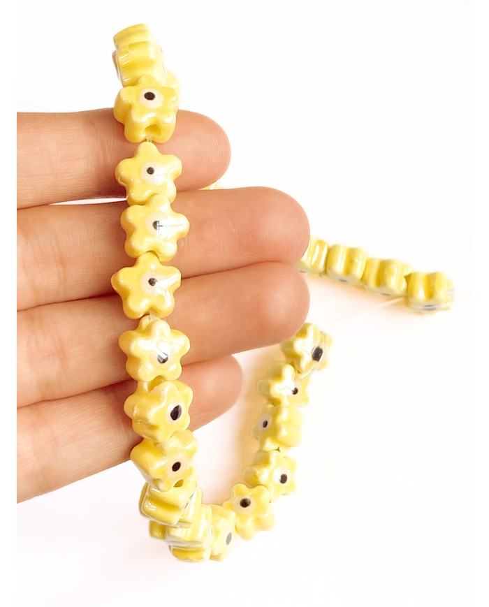 İpe Dizili Seramik Boncuk Sarı Nazar Boncuklu Çiçek Yıldız 10mm