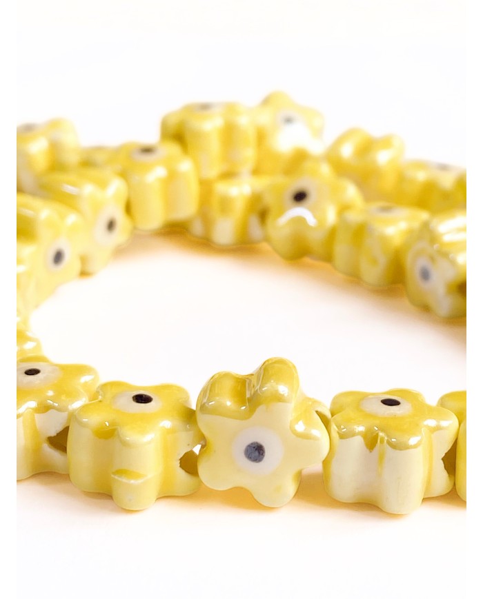 İpe Dizili Seramik Boncuk Sarı Nazar Boncuklu Çiçek Yıldız 10mm
