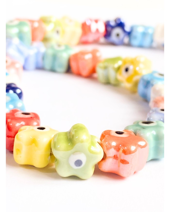 İpe Dizili Seramik Boncuk Renkli Nazar Boncuklu Çiçek Yıldız 10mm