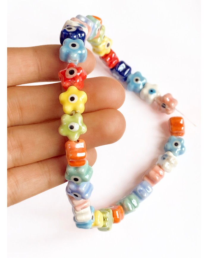 İpe Dizili Seramik Boncuk Renkli Nazar Boncuklu Çiçek Yıldız 10mm