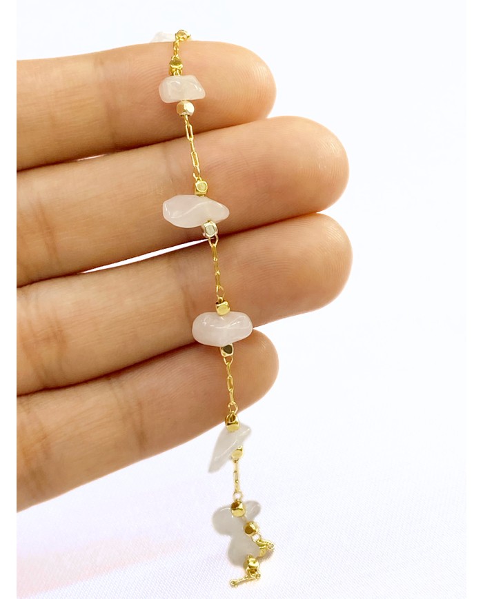 Doğal Kırık Taşlı Kuyumcu Zinciri Altın Rengi Ara Boncuklu Beyaz 3mm - 1m