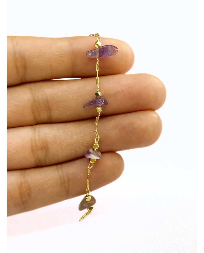 Doğal Kırık Taşlı Kuyumcu Zinciri Altın Rengi Ara Boncuklu Turuncu 3mm - 1m