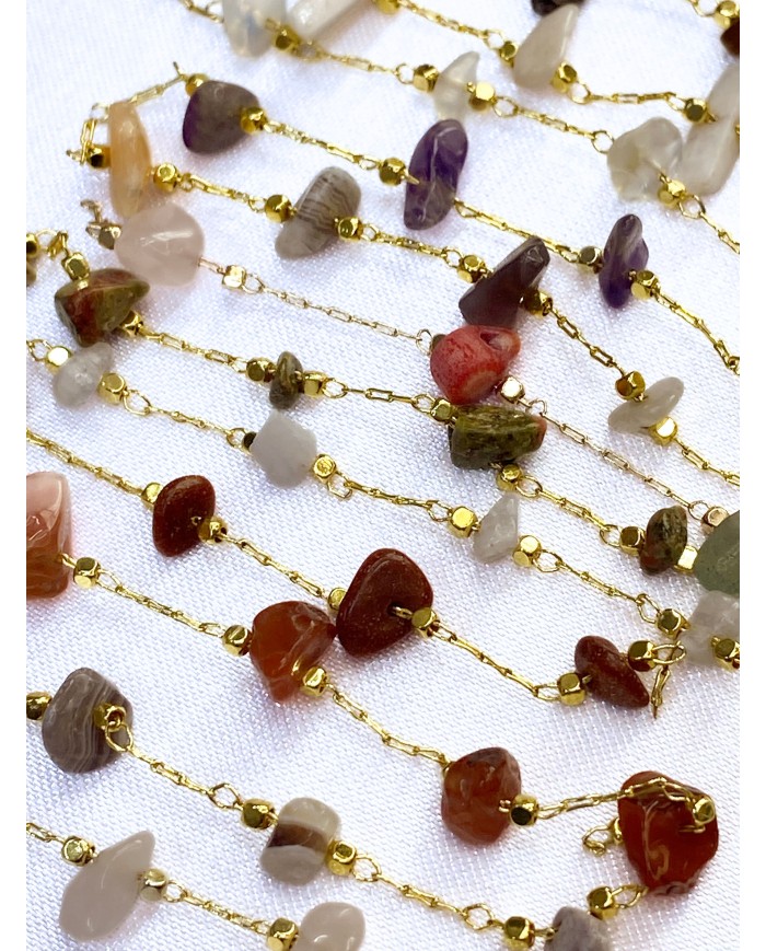 Doğal Kırık Taşlı Kuyumcu Zinciri Altın Rengi Ara Boncuklu Yeşil 3mm - 1m