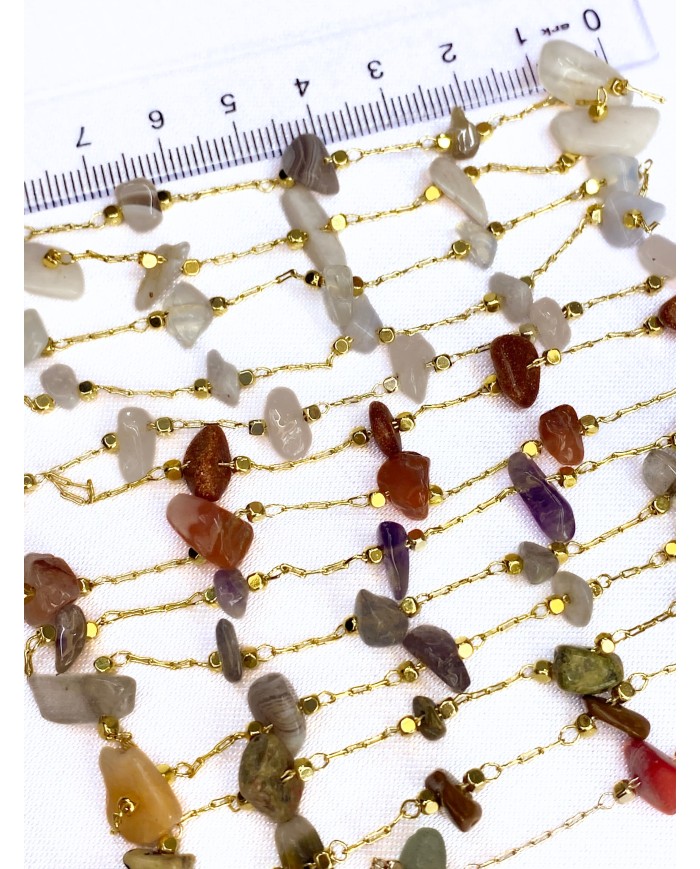 Doğal Kırık Taşlı Kuyumcu Zinciri Altın Rengi Ara Boncuklu Kahverengi 3mm - 1m