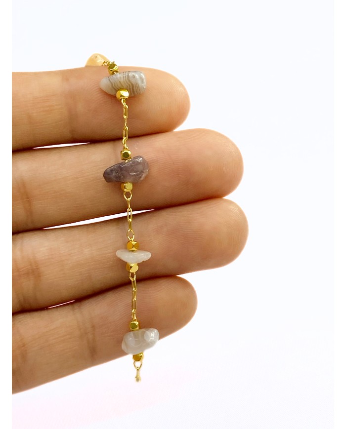 Doğal Kırık Taşlı Kuyumcu Zinciri Altın Rengi Ara Boncuklu Renkli 3mm - 1m