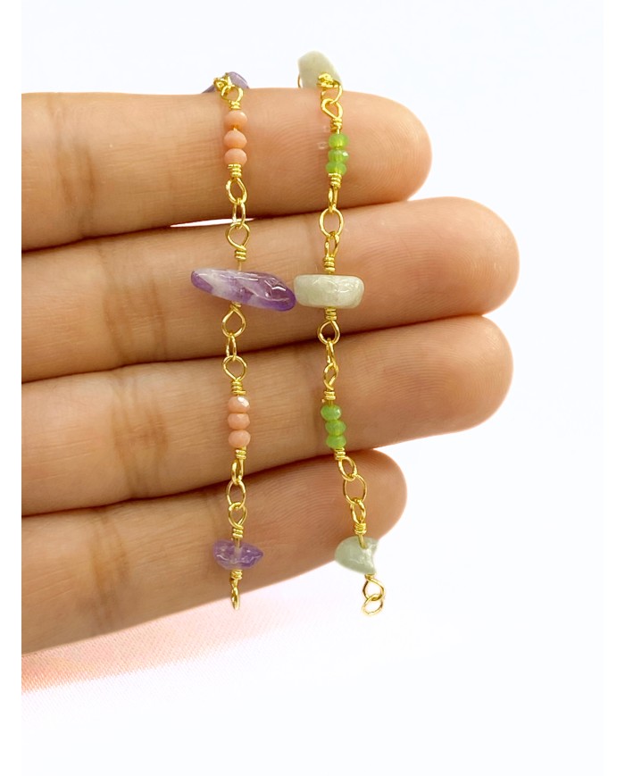 Doğal Kırık Taşlı Kuyumcu Zinciri Mor Pembe Ara Boncuklu 4mm - 1m